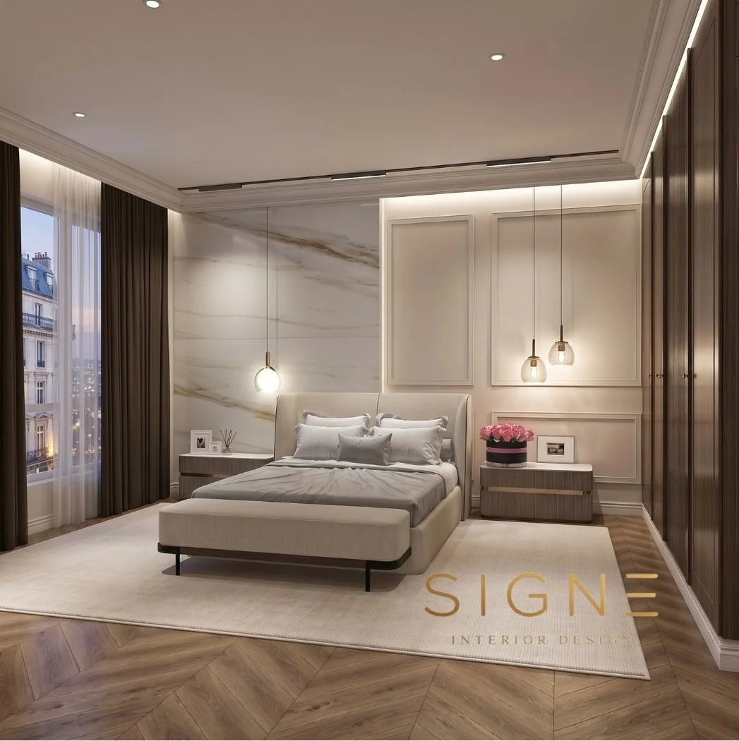 Classic-contemporary bedroom 3D render with a marble feature wall and city view