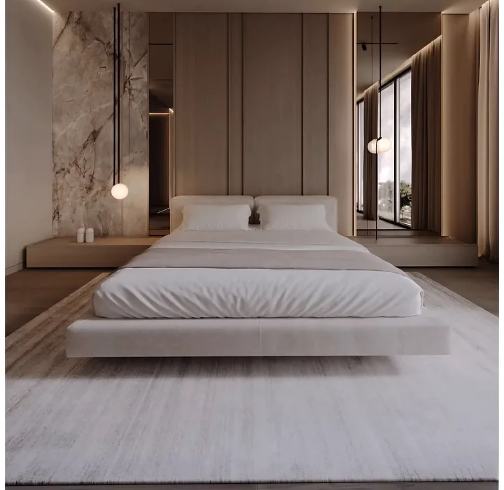 Bright bedroom 3D render with a low platform bed and marble feature wall