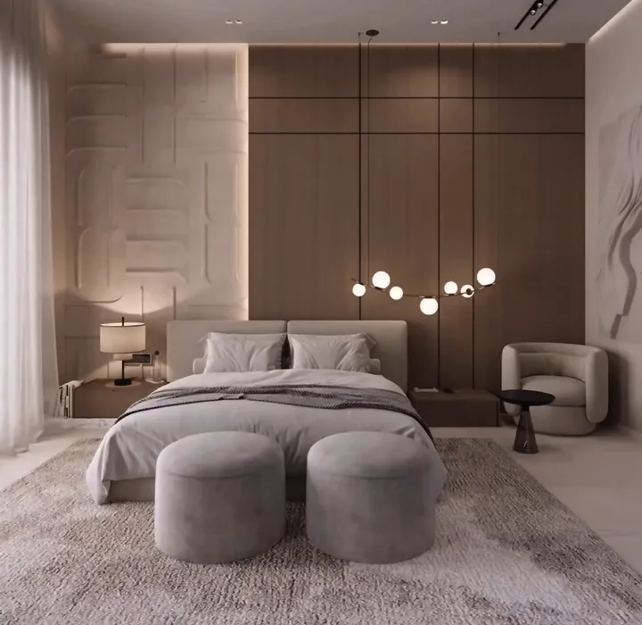 Taupe bedroom 3D concept with a sculptural chandelier and upholstered poufs