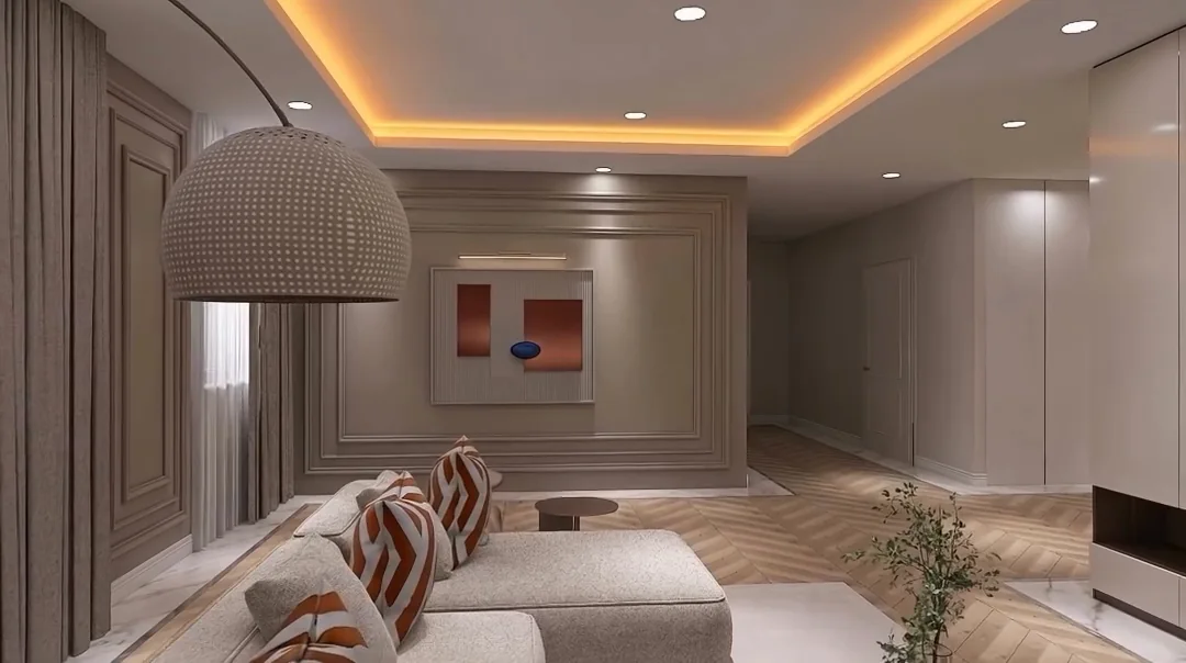 Warm living space rendering with cove lighting and a soft neutral palette by Signe Dayan Interiors