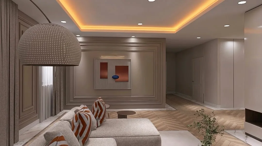 Warm seating vignette rendering with a sculptural pendant and abstract art